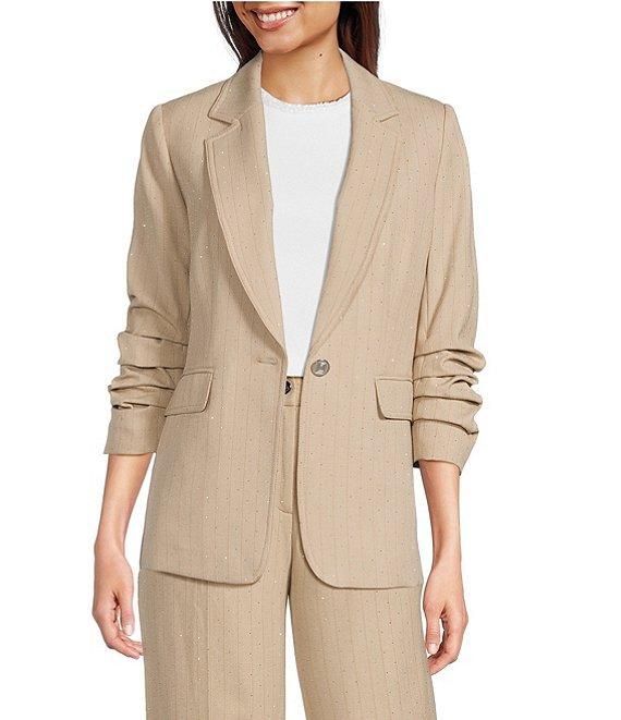 KARL LAGERFELD PARIS Notch Collar 3/4 Sleeve Rhinestone Studded Embellished Pinstripe Coordinating Blazer Product Image