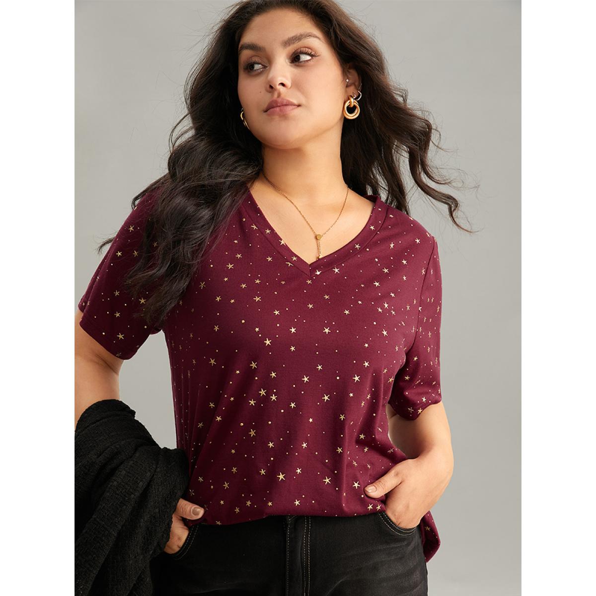 Plus Size Star Polka Dot V Neck T-shirt Burgundy Women Elegant Contrast Moon and Star V-neck Dailywear T-shirts BloomChic 22-24/3X Product Image