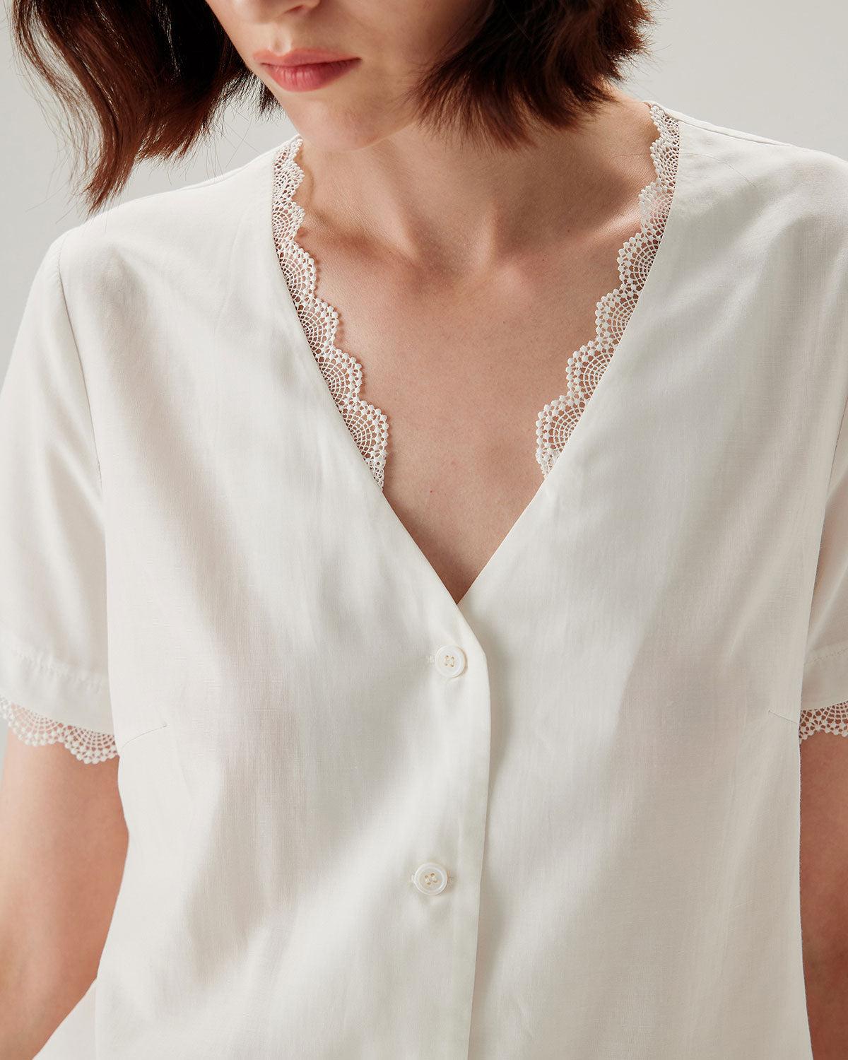 White Lace V-neck Blouse Product Image