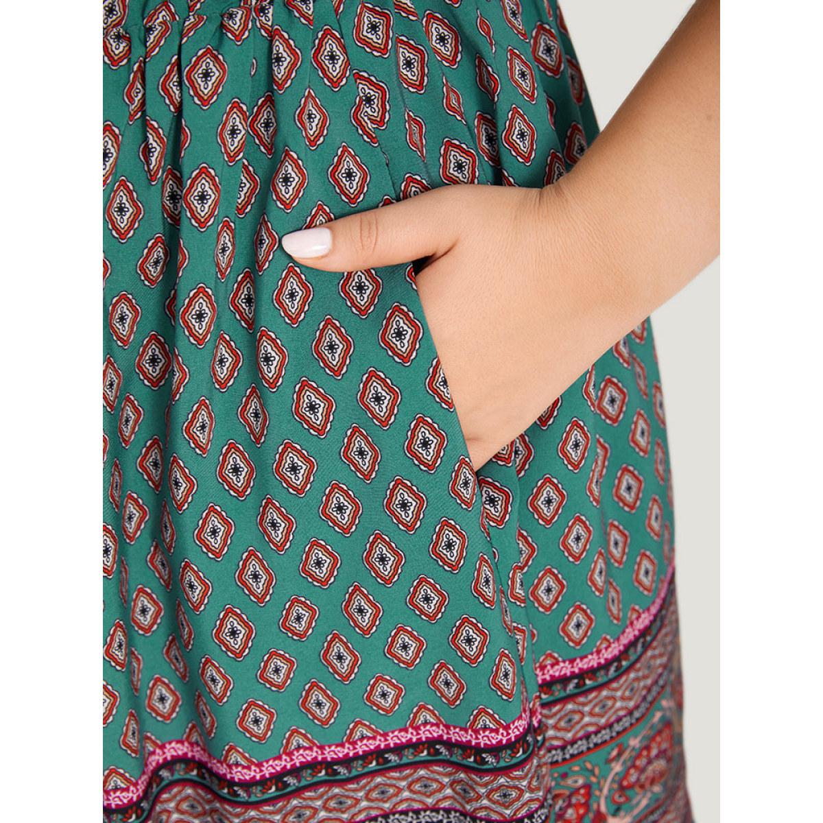 Plus Size Boho Print V Neck Pocket Lantern Sleeve Dress Teal Women Vacation Patchwork V-neck Half Sleeve Curvy Knee Dress BloomChic 30/6X Product Image