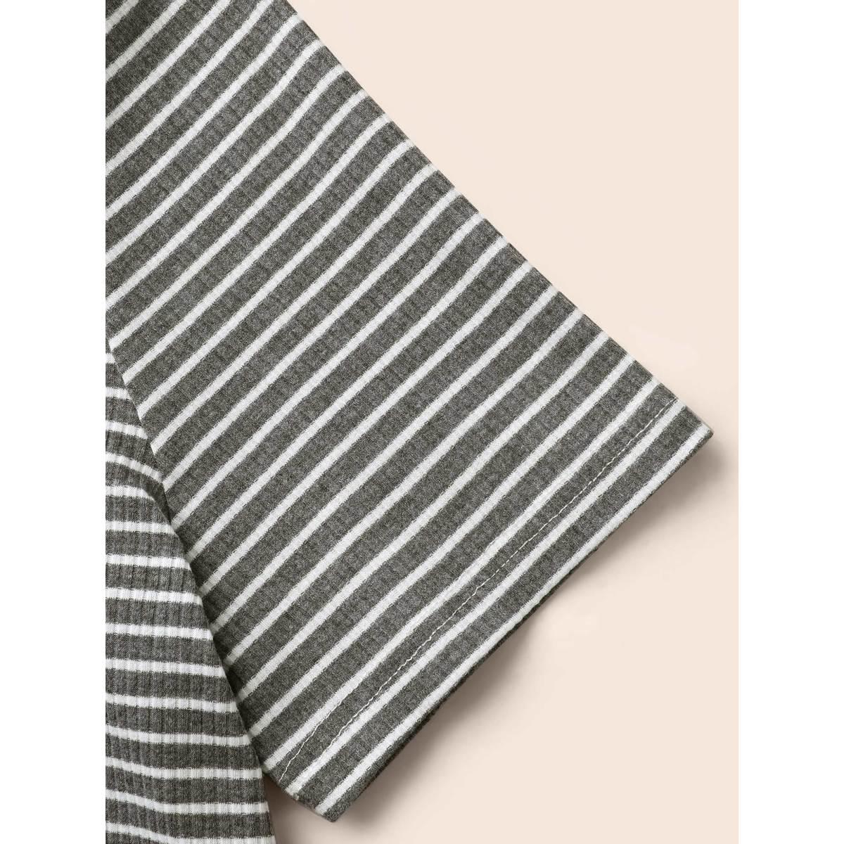 Plus Size U Neck Striped Button Detail T-shirt DimGray Women Casual Texture U-neck Everyday T-shirts BloomChic 12/L Product Image