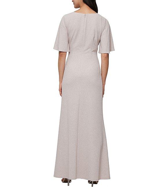 Ignite Evenings Metallic Knit L-Neck Short Sleeve Ruched Waist Gown Product Image