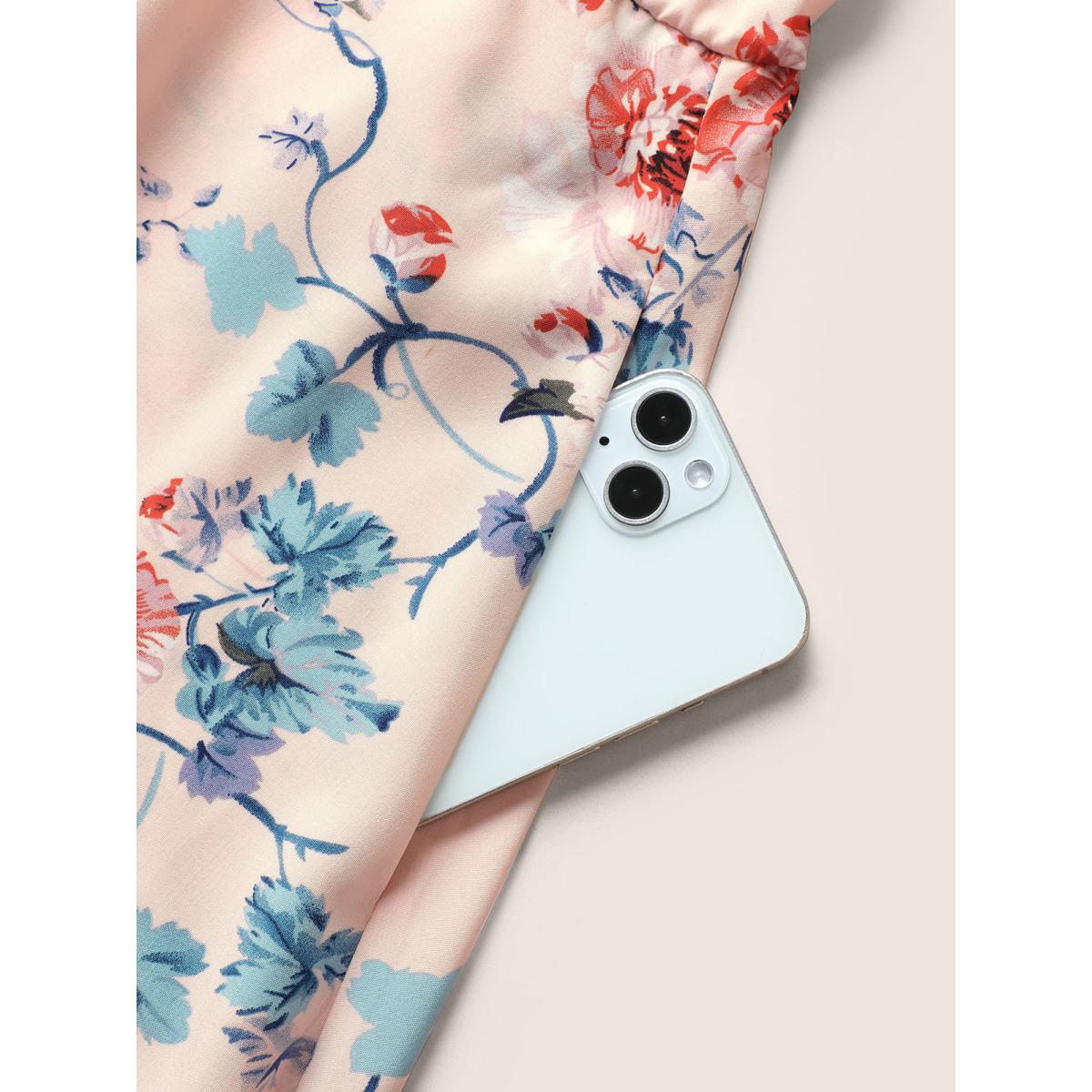 Plus Size Square Neck Floral Print Gathered Drawstring Dress MistyRose Women Elegant Non Square Neck Short sleeve Curvy Midi Dress BloomChic 26/4X Product Image