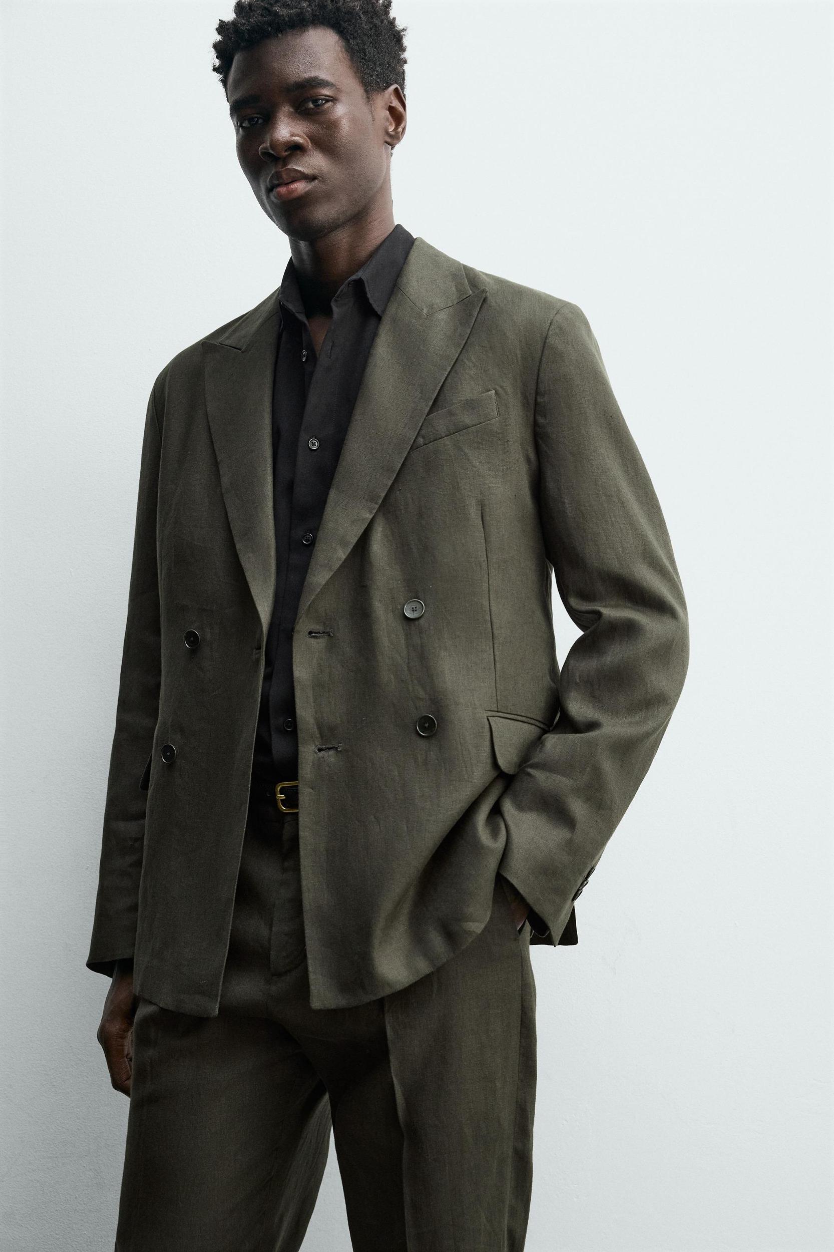 100% LINEN DOUBLE-BREASTED SUIT BLAZER Product Image