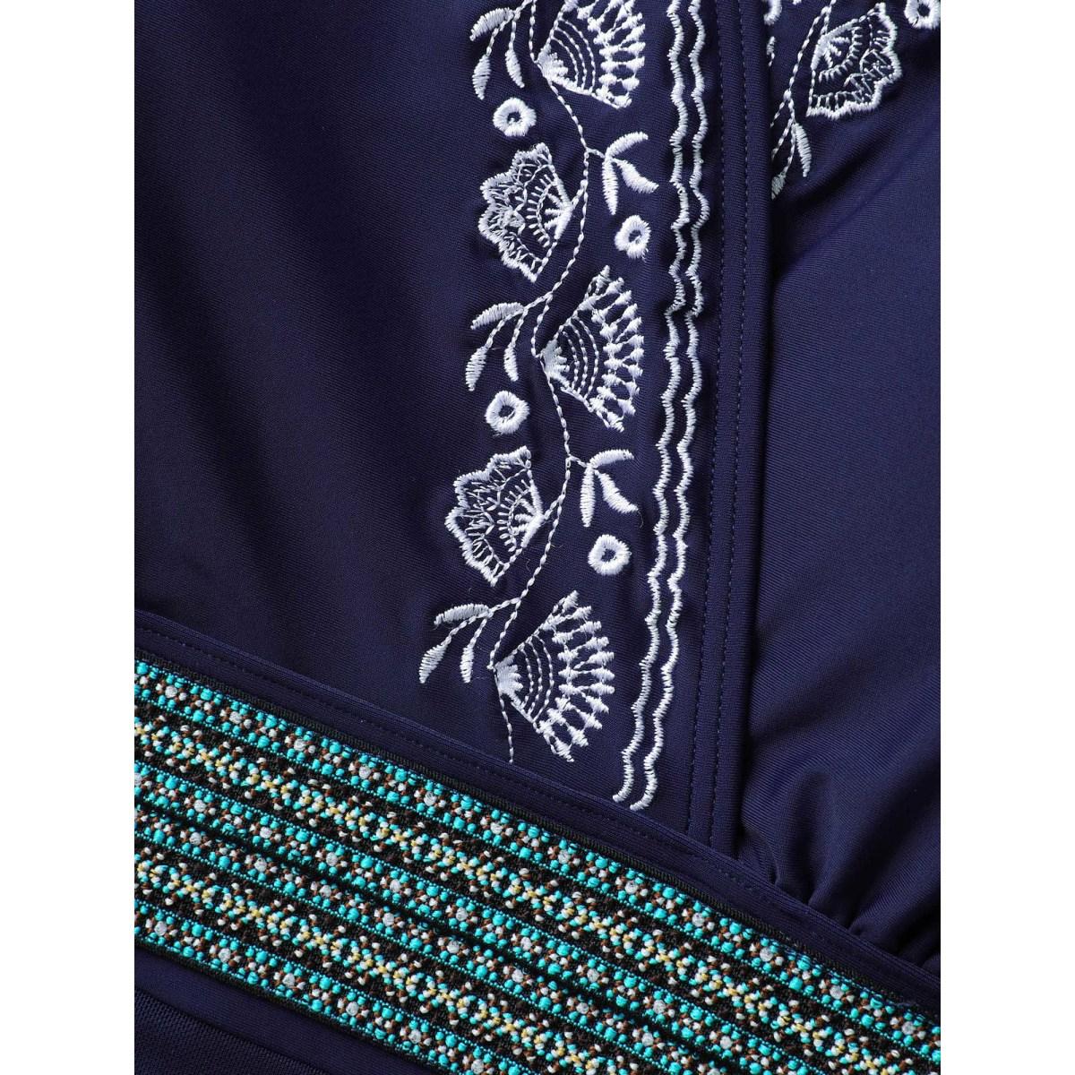 Plus Size Overlap Collar Floral Embroidered Contrast Webbing Swim Dress Women's Swimwear Indigo Beach Bodycon Overlap Collar High stretch Curve Swim Dresses BloomChic 12/L Product Image