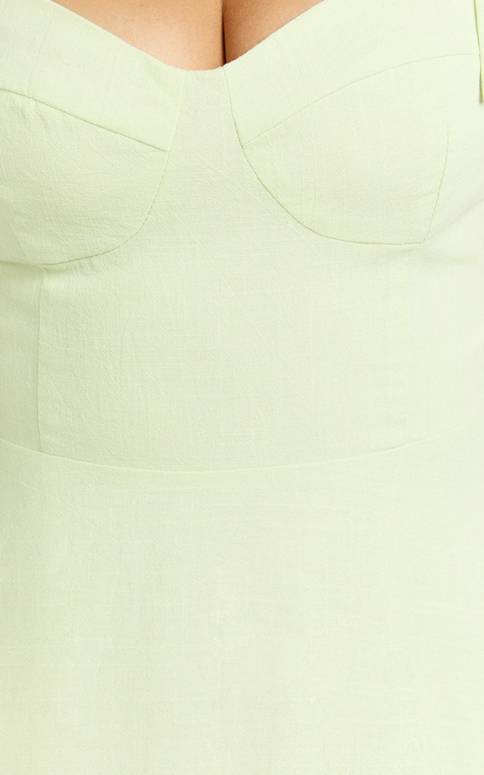 Tymia Midi Dress - Shoulder Tie Bustier Shirred Back A Line in Celery Product Image
