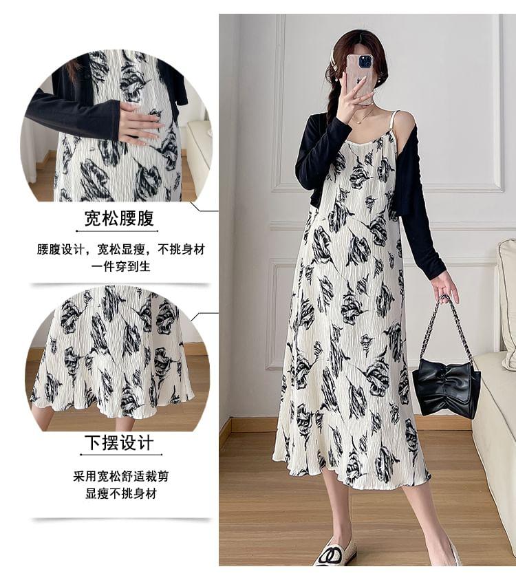 Maternity Spaghetti Strap Floral Midi A-Line Dress / Crop Cardigan / Set Product Image