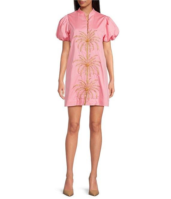 Mestiza New York Elliana Poplin Palm Tree Embroidery Mandarian Collar Short Puff Sleeve Dress Product Image