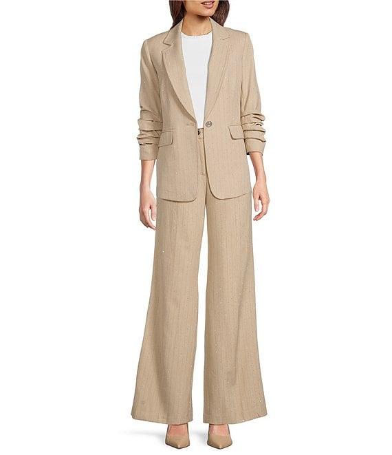 KARL LAGERFELD PARIS Notch Collar 3/4 Sleeve Rhinestone Studded Embellished Pinstripe Coordinating Blazer Product Image