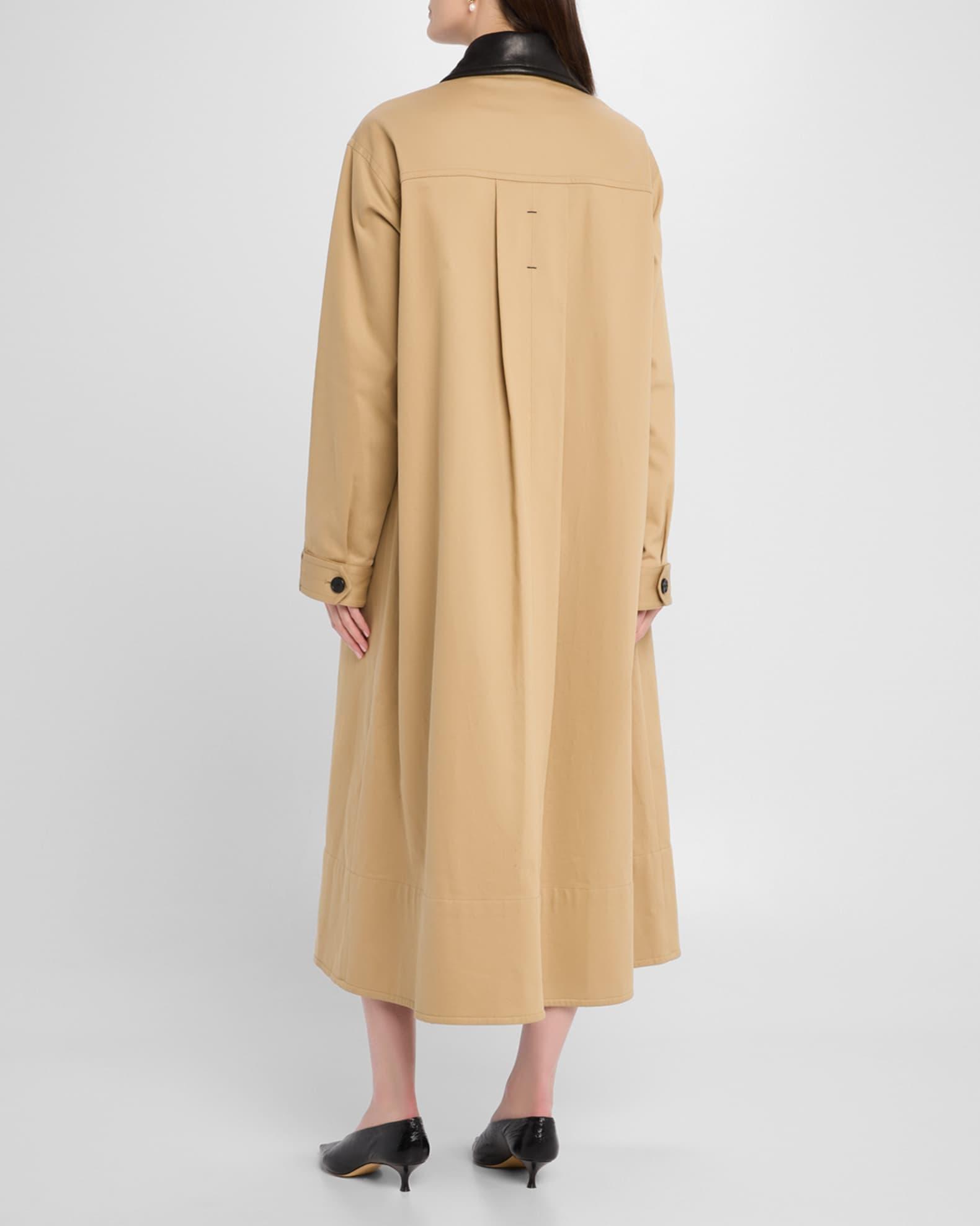 Leather-Collar A-Line Long Swing Coat Product Image