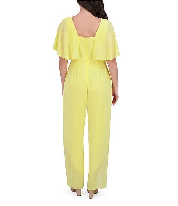 Kensie Chiffon Surplice V-Neck Short Flutter Sleeve Ruffle Overlay Wide Leg Jumpsuit Product Image