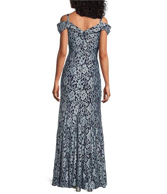 R & M Richards Petite Size Two Tone Floral Off-The-Shoulder Sweetheart Neck Glitter Lace Mermaid Gown Product Image