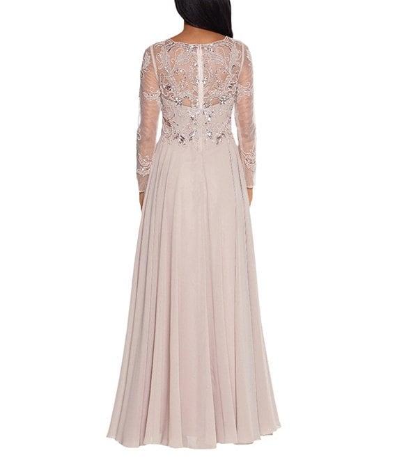 Xscape Illusion Crew Neck Long Sleeve Floral Beaded Bodice Chiffon Gown Product Image