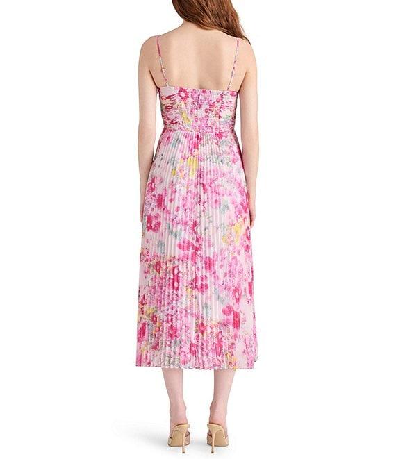 Steve Madden Ray Floral Print Sweetheart Sleeveless Chiffon Pleated Midi Dress Product Image