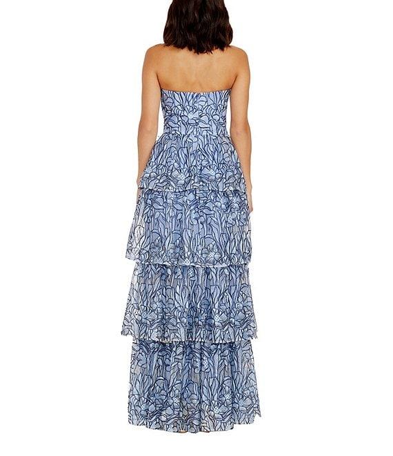 Dress the Population Aubriella Strapless Bustier Bodice Tiered Embroidered Floral Mesh Aline Gown Product Image