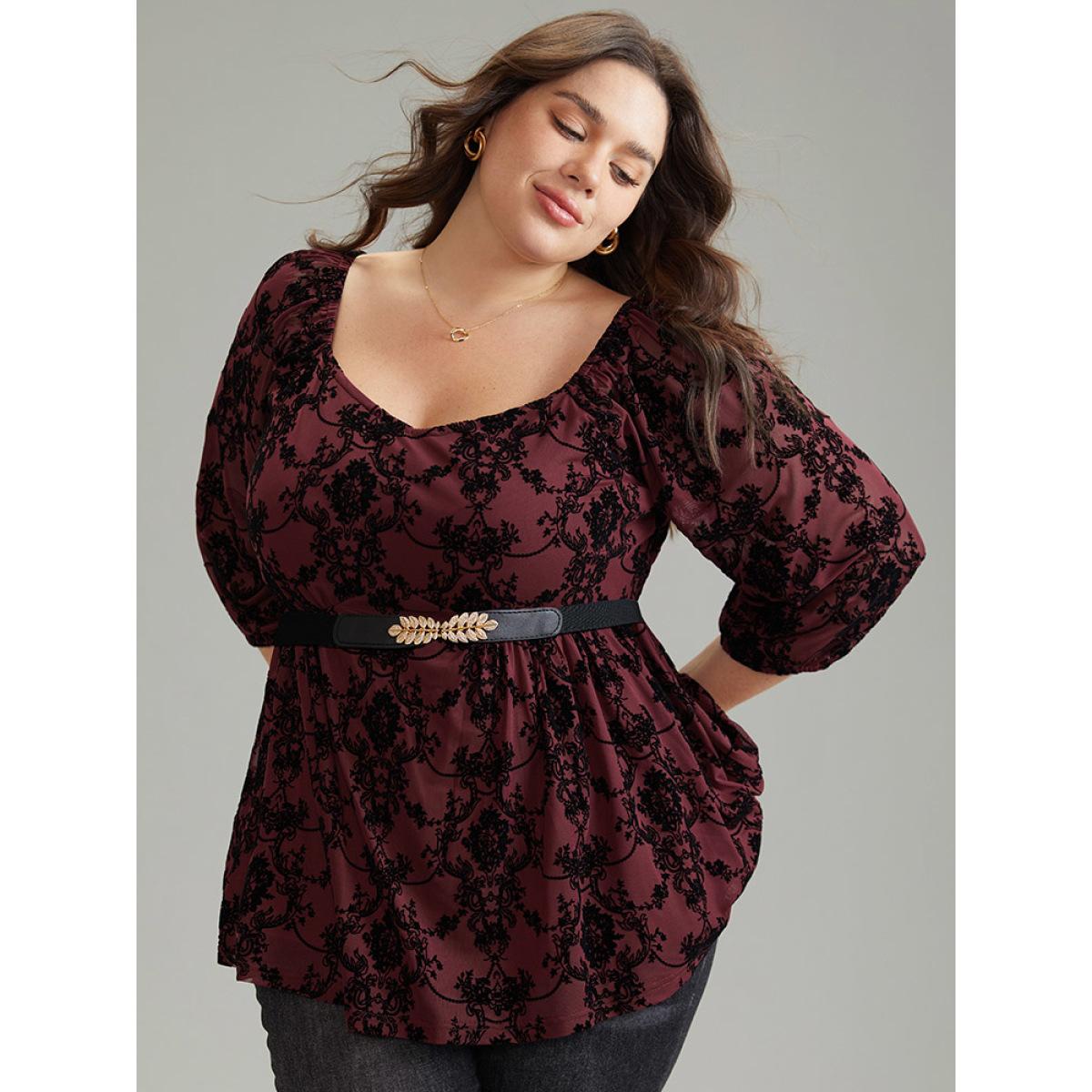 Plus Size Scarlet Silhouette Floral Print Contrast Flocking Square Neck Blouse Women Elegant Elbow-length sleeve Square Neck Everyday Blouses BloomChic 26/4X Product Image