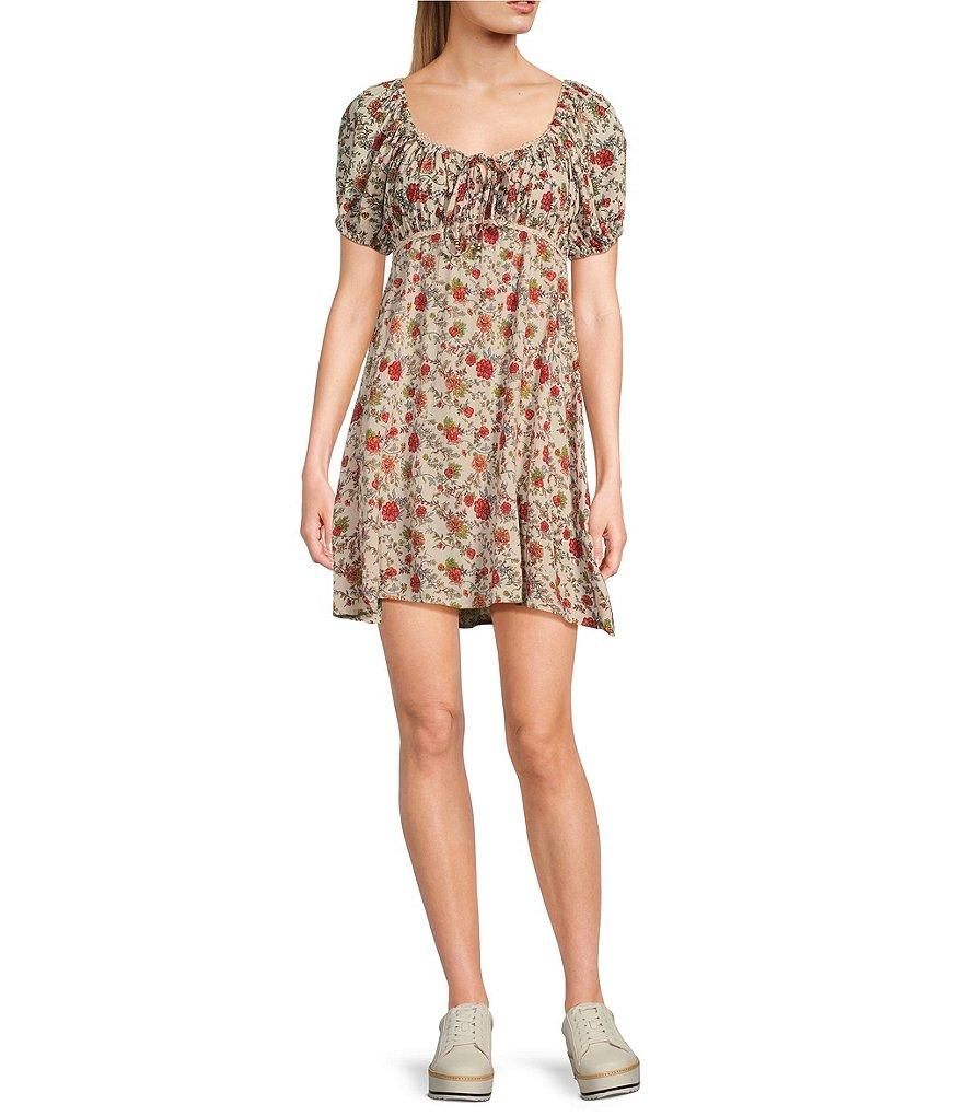 Angie Floral Print Scoop Neck Short Sleeve Tie Front Empire Waist Dress Product Image