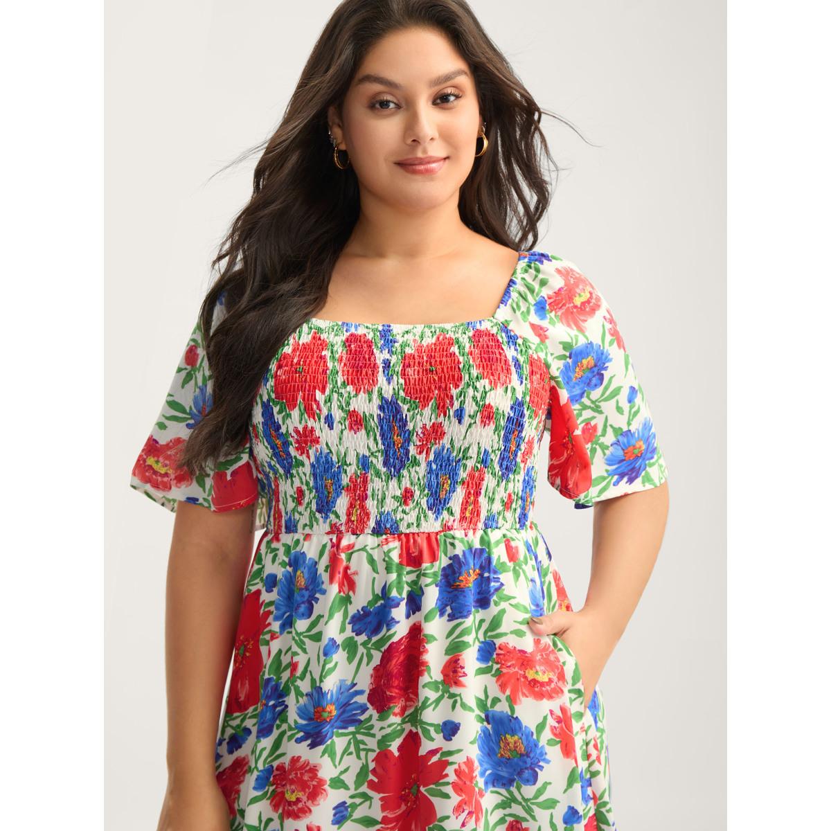 Plus Size Sunkissed Floral Shirred Pockets Midi Dress Multicolor Women Shirred Square Neck Short sleeve Curvy BloomChic 12/L Product Image