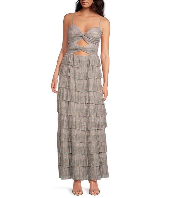 Gianni Bini Grace Metallic Plisse Sweetheart Neck Cut-Out Tiered Dress Product Image