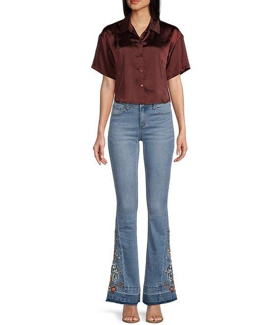 Prosperity Denim High Rise Floral Embroidered Released Hem Flare Leg Jeans Product Image