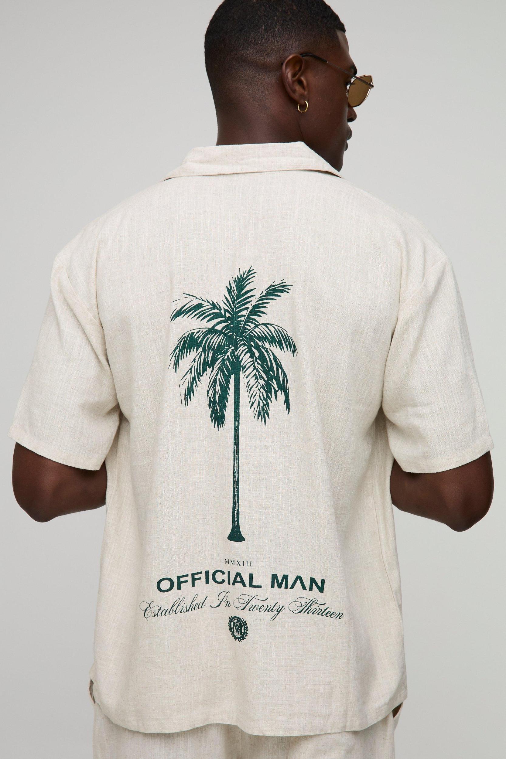 Oversized Revere Heavyweight Linen Palm Tree Printed Shirt | boohooMAN USA Product Image