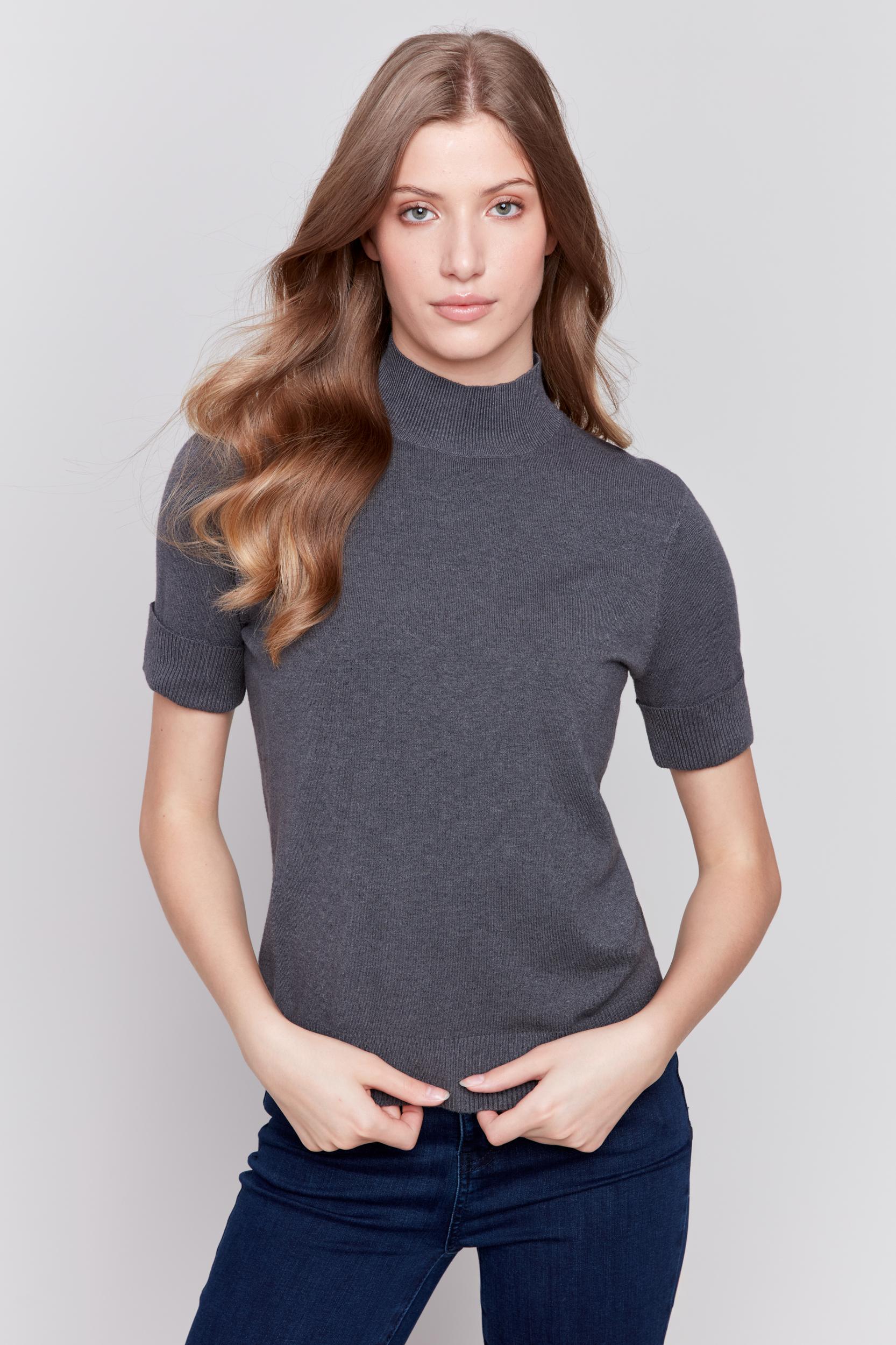 Mock Neck Short Sleeve Light Weight Sweater Product Image