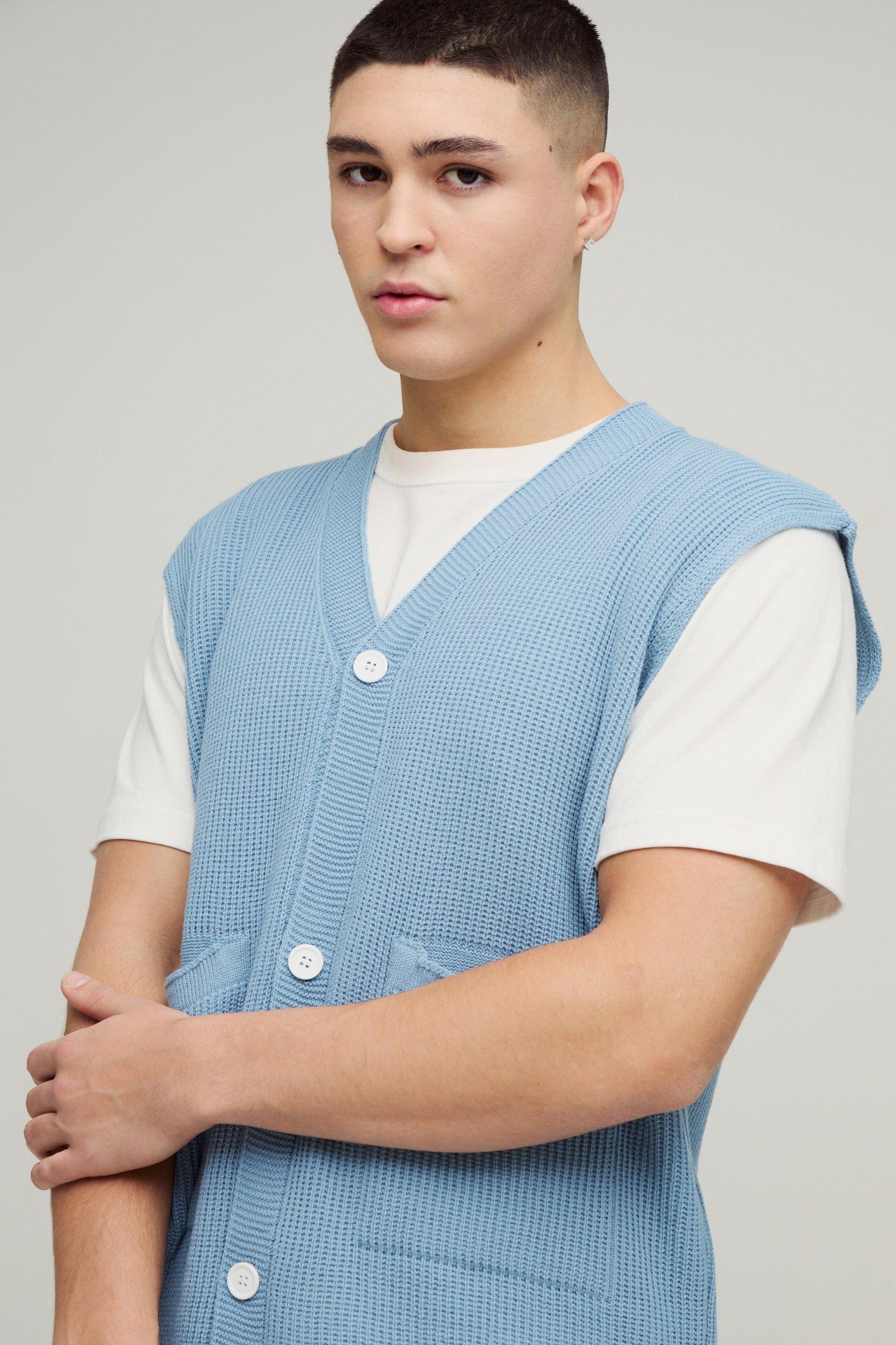 Boxy Ribbed Contrast Button Knitted Undershirt | boohooMAN USA Product Image