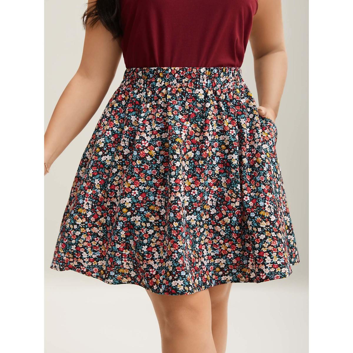 Plus Size Floral Print Stretchy Smocked Waist Mini Skirt Women Multicolor Timeless Gathered Low stretch Side seam pocket Elegant Skirts BloomChic 22-24/3X Product Image