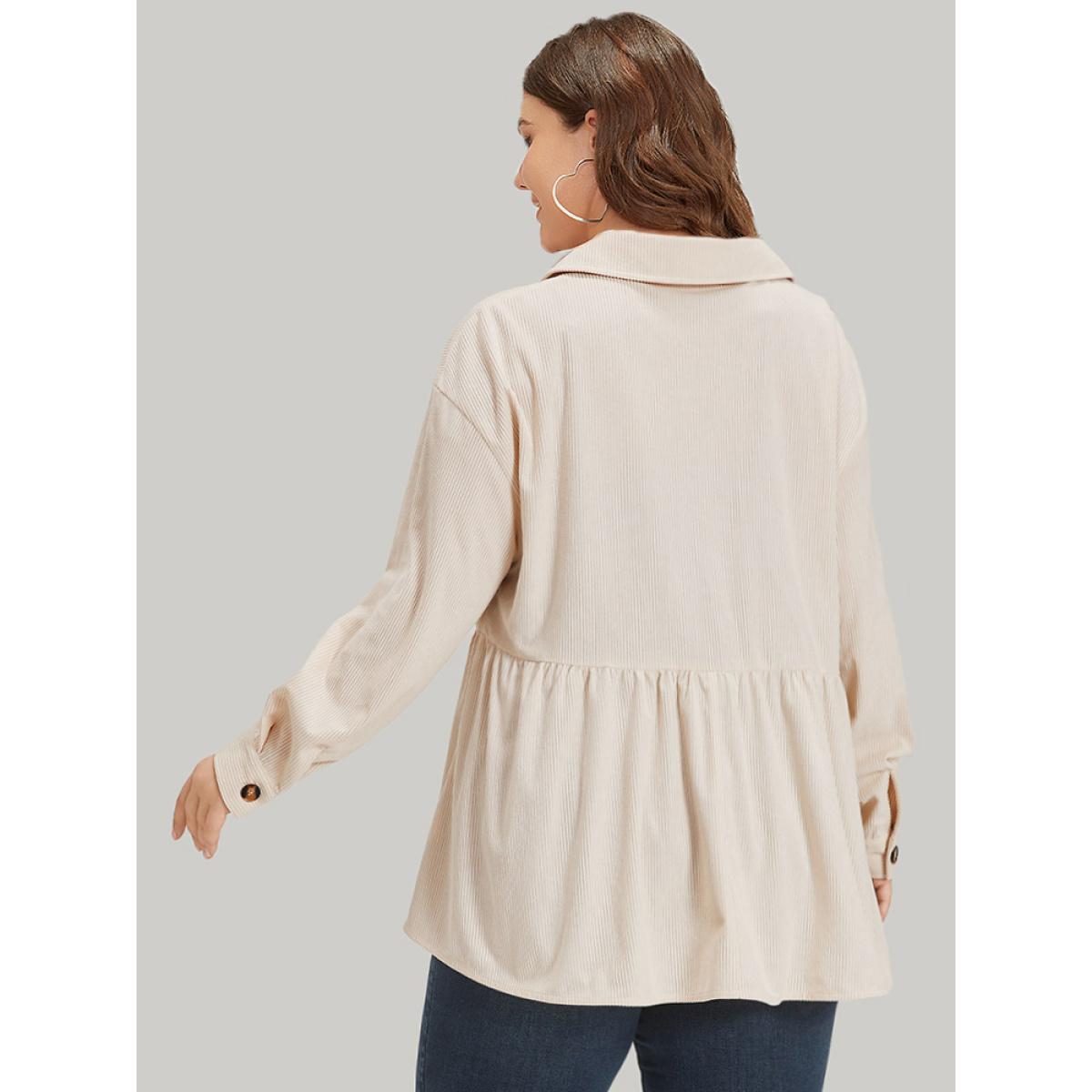 Plus Size Plain Shirt Collar Button Through Ruffle Hem Pocket Coat Women Beige Button Pocket Dailywear Jackets BloomChic 28/5X Product Image