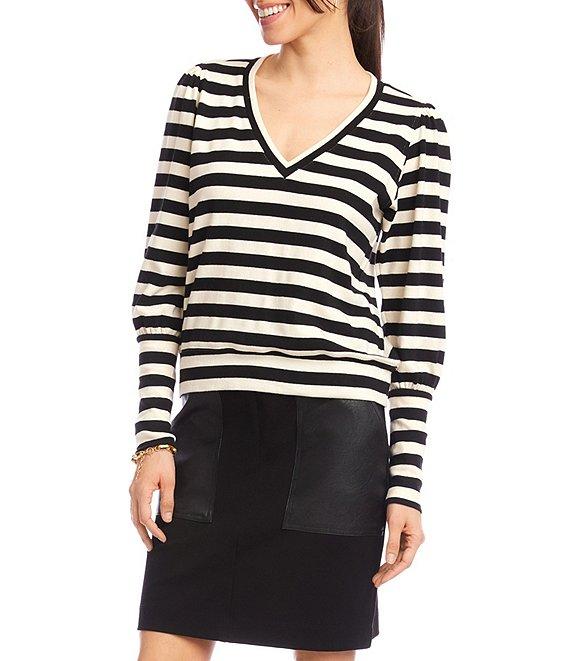 Karen Kane Petite Size Stripe Bishop Sleeve V-Neck Top Product Image