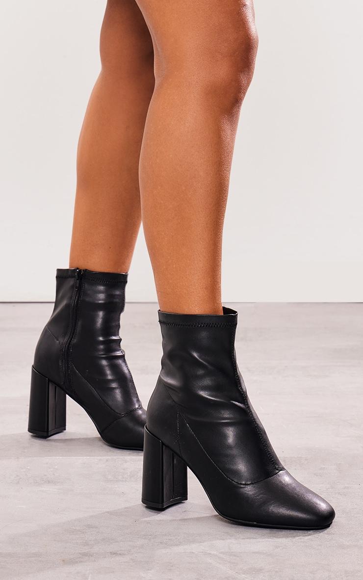 Black Pu Wide Fit Round Toe Heeled Ankle Sock Boots Product Image