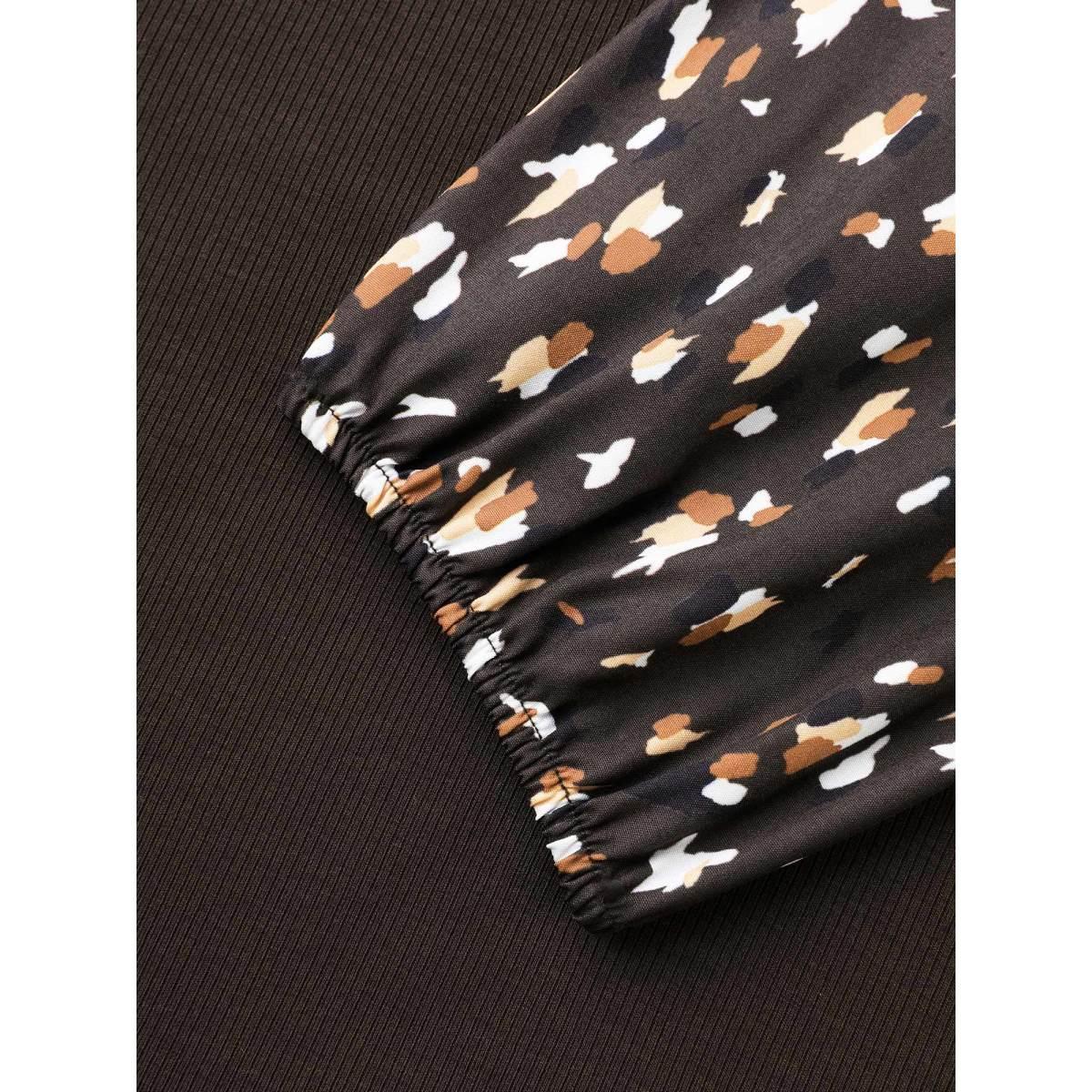 Plus Size Allover Print Patchwork Raglan Sleeve T-shirt DarkBrown Women Casual Contrast Round Neck Everyday T-shirts BloomChic 22-24/3X Product Image