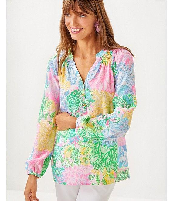 Lilly Pulitzer Elsa Multi Bright Delight Patch Print Split V-Neck Long Sleeve Blouse Product Image