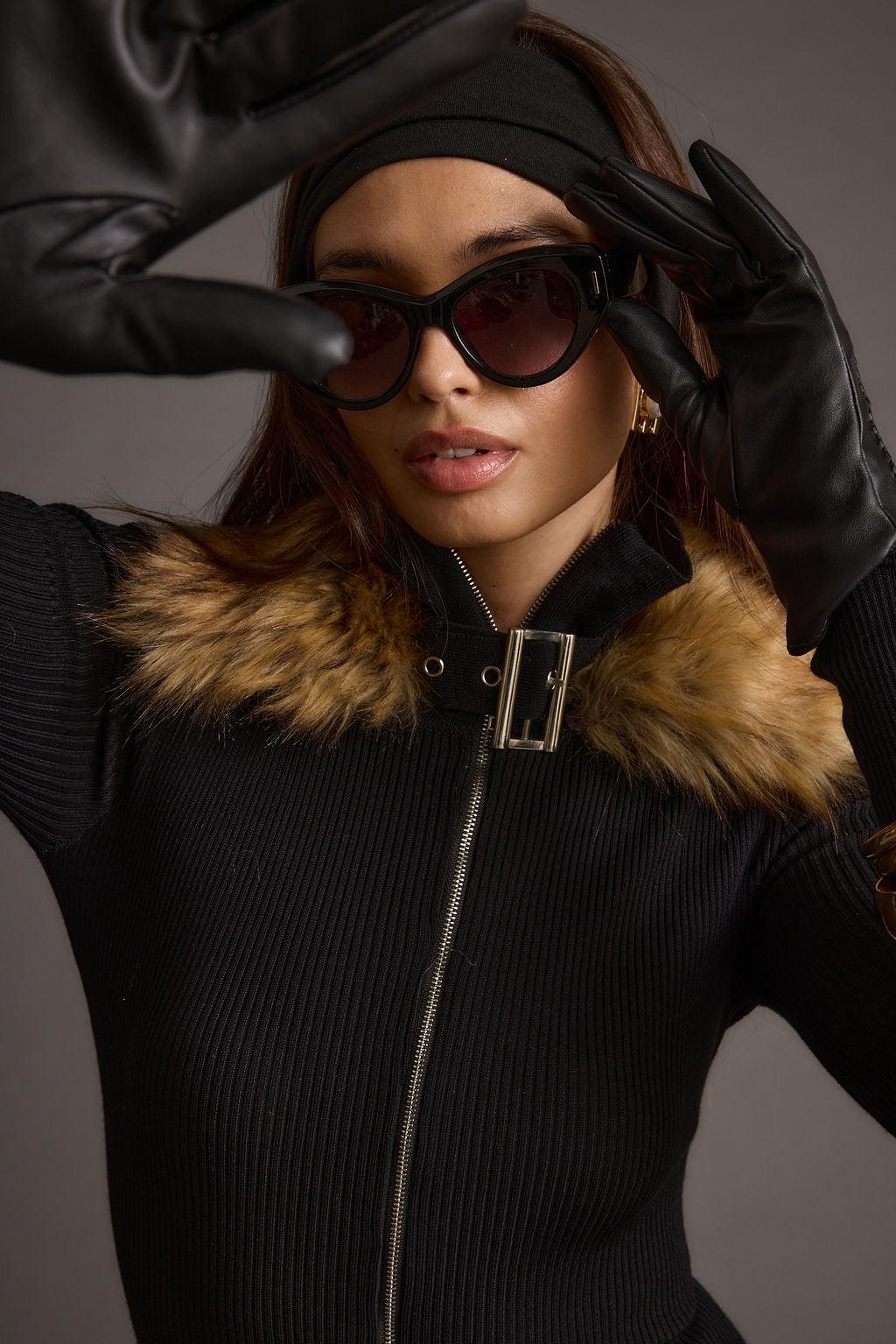 Apres Faux Fur Trimmed Black Ribbed Knit Jumpsuit Product Image