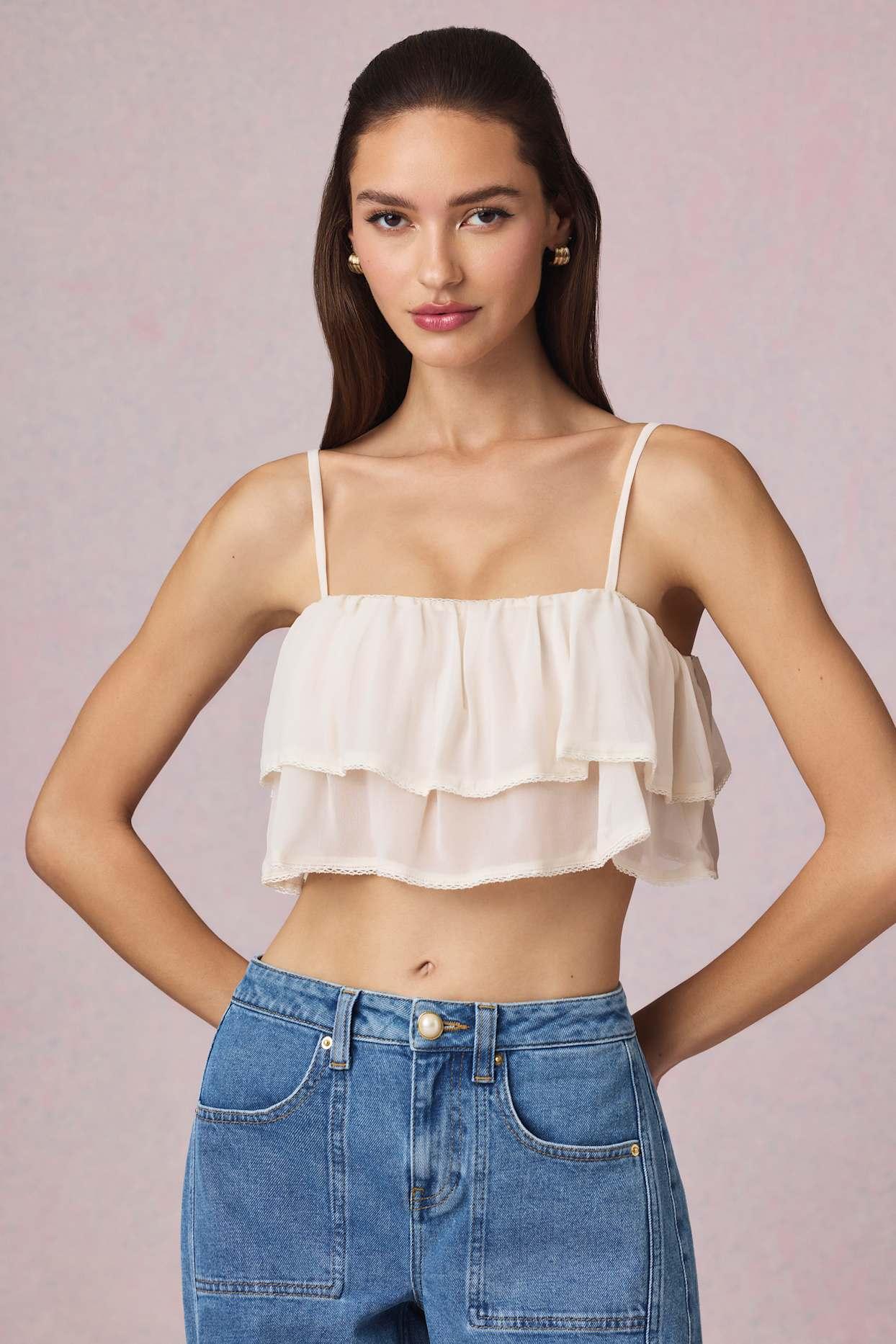 Ruffled Cropped Camisole Top in Ivory Product Image