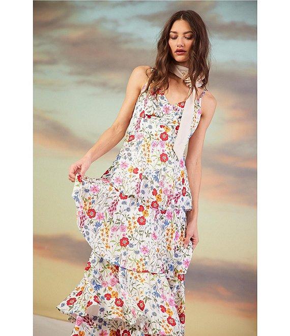 Skies Are Blue Floral Print Sweethart Neck Sleeveless Tiered Maxi Dress Product Image