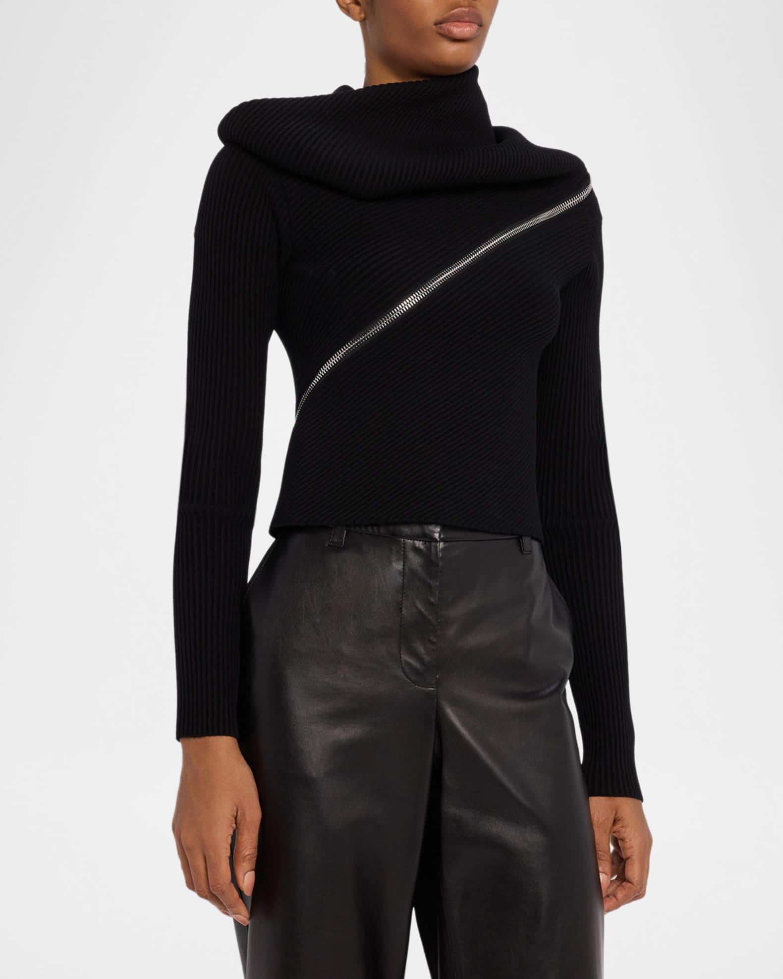Spiral Zipped Cowl-Neck Rib Crop Sweater Product Image