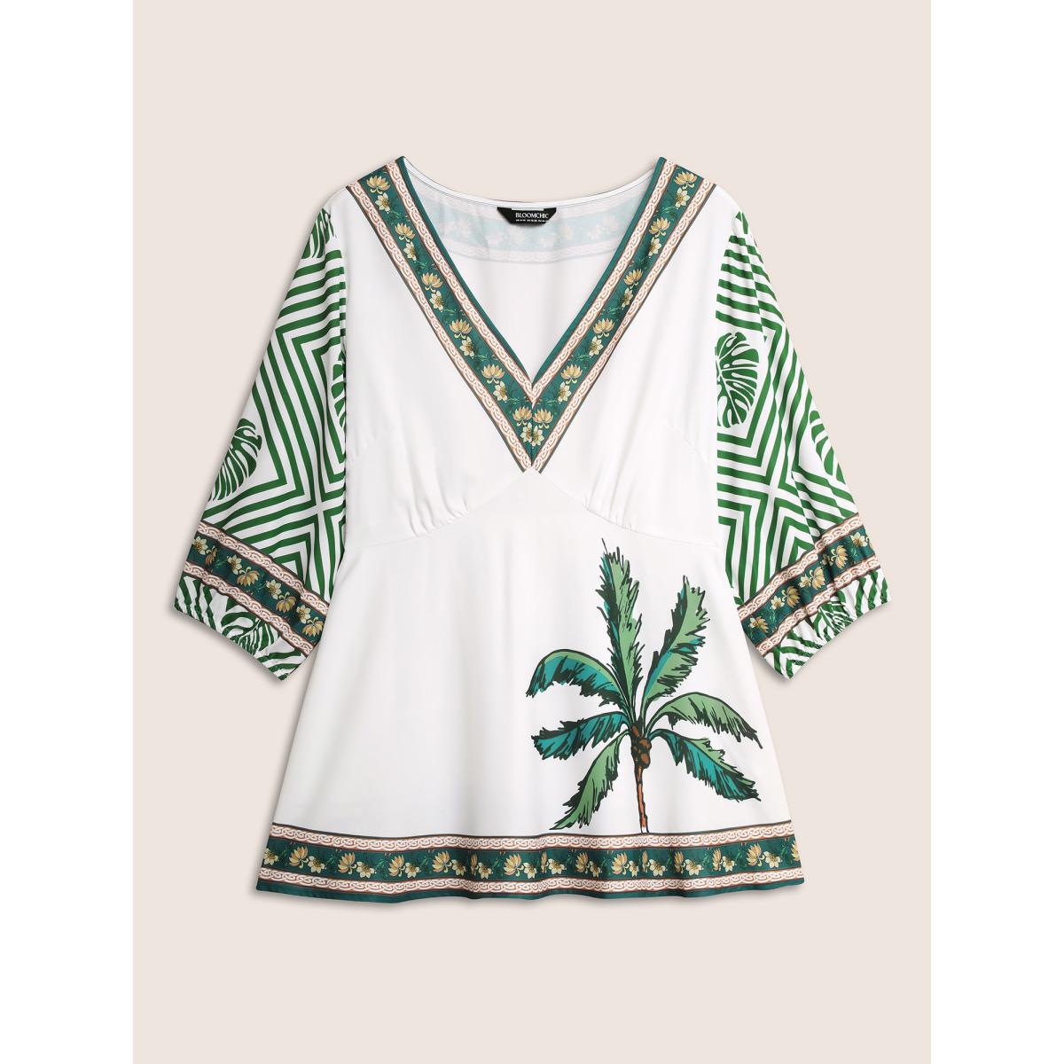 Plus Size Moss Boho Coconut Tree Print Lantern Sleeve Blouse Women Resort Elbow-length sleeve V-neck Vacation Blouses BloomChic 14-16/1X Product Image