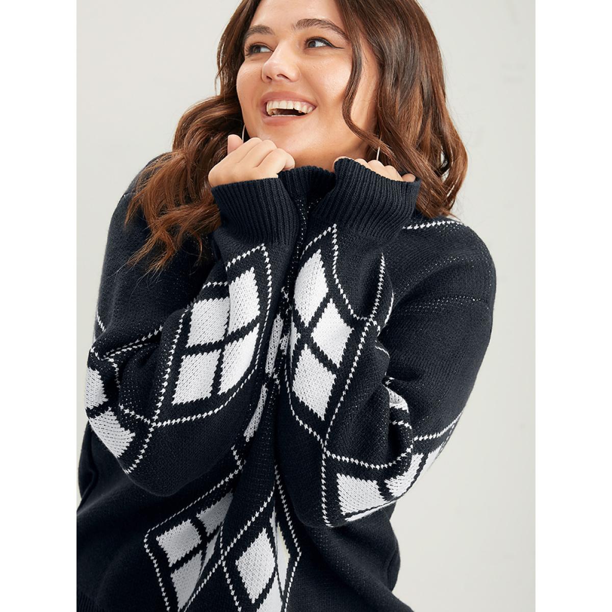 Plus Size Geometric Contrast Pointelle Knit Round Neck Knit Top Black Women Casual Long Sleeve Round Neck Dailywear Pullovers BloomChic 12/L Product Image