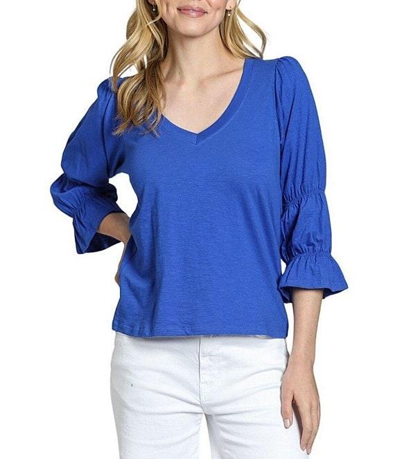 APNY Knit V-Neck 3/4 Puff Sleeve Blouse Product Image