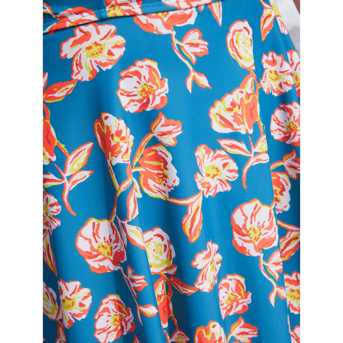 Plus Size Floral Contrast Crossover Front Ruffles Adjustable Straps Swim Dress Women's Swimwear Blue Vacation Bodycon High stretch Curve Swim Dresses BloomChic 28/5X Product Image