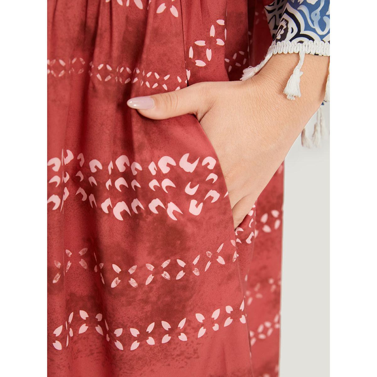 Plus Size Bandana Print Contrast Tassels Trim Ties Notched Dress Red Women Vacation Tassels Notched collar Elbow-length sleeve Curvy Midi Dress BloomChic 18-20/2X Product Image