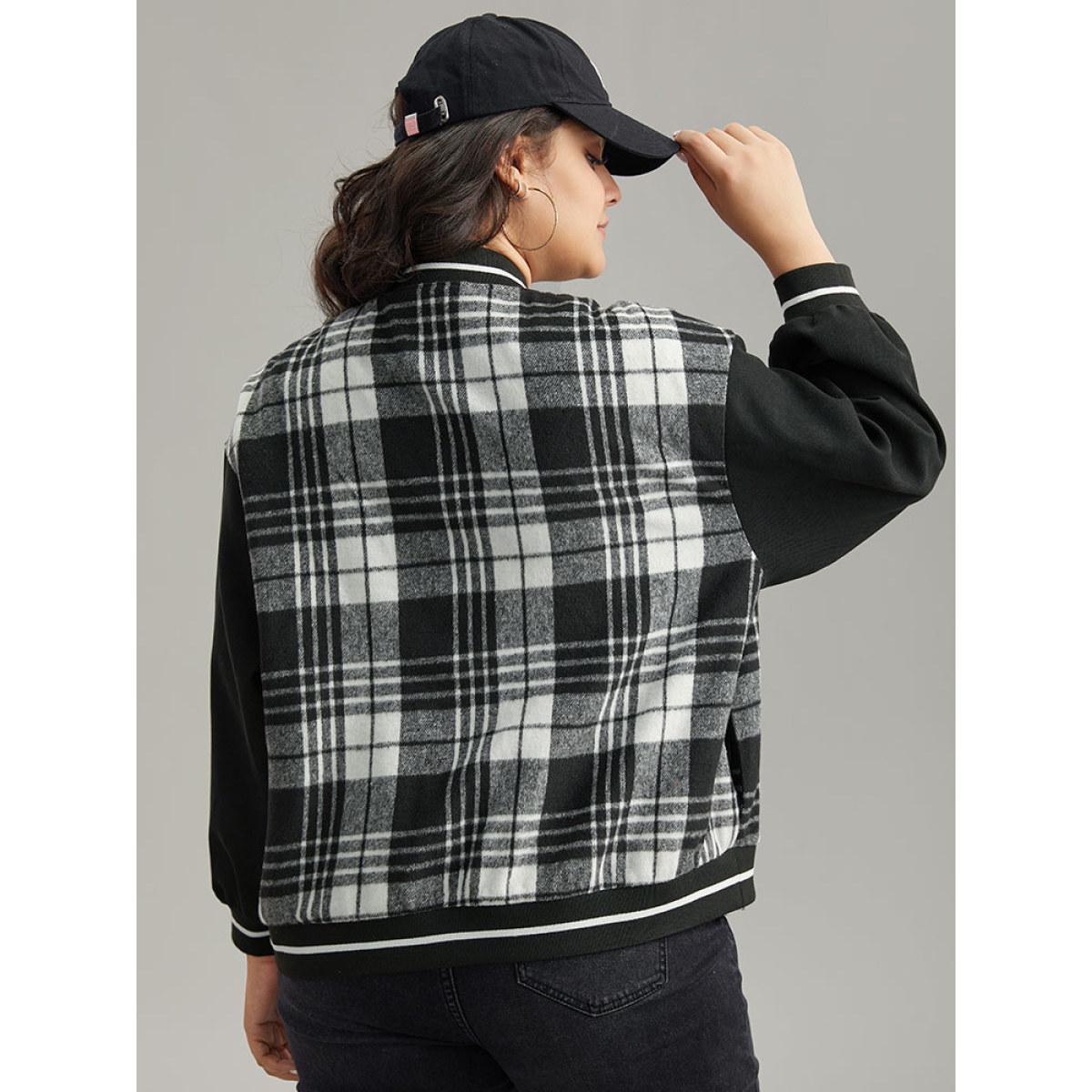 Plus Size Plaid Button Through Pocket Baseball Collar Bomber Jacket Women Black Elastic cuffs Pocket Dailywear Jackets BloomChic 12/L Product Image