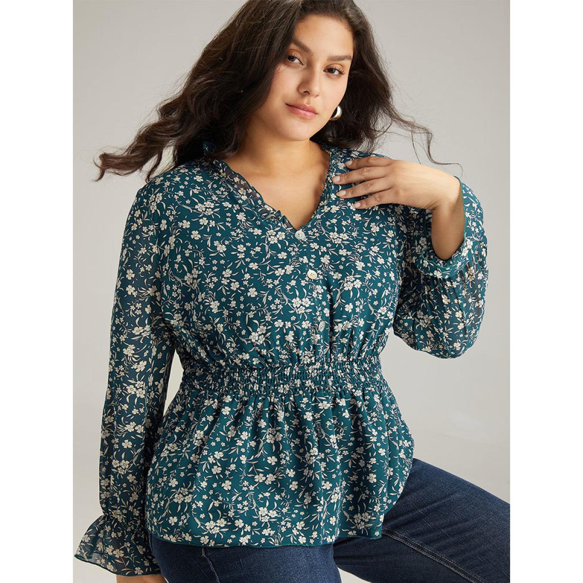 Plus Size Aegean Ditsy Floral Chiffon Shirred Ruffles Frill Trim Blouse Women Elegant Long Sleeve V-neck Dailywear Blouses BloomChic 18-20/2X Product Image