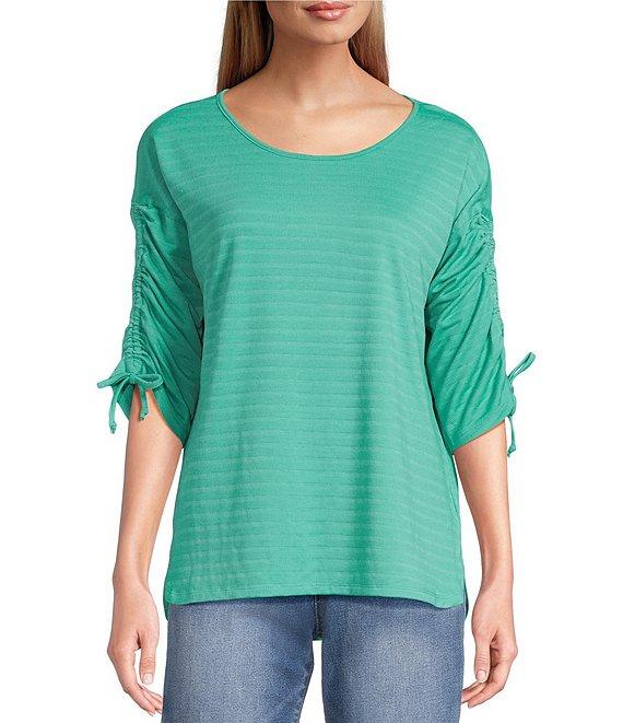 Westbound Petite Knit 3/4 Ruched Sleeve Crew Neck Top Product Image