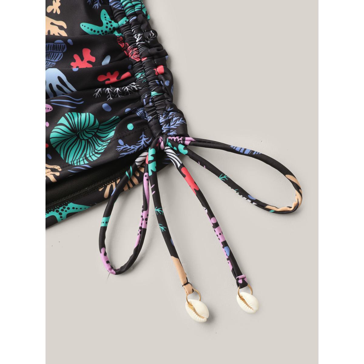 Plus Size Seashell Print Adjustable Drawstring Swim Bottoms Women's Swimwear Multicolor Beach Drawstring High stretch Skinny High Rise Side seam pocket Curve Swim Bottoms BloomChic 18-20/2X Product Image