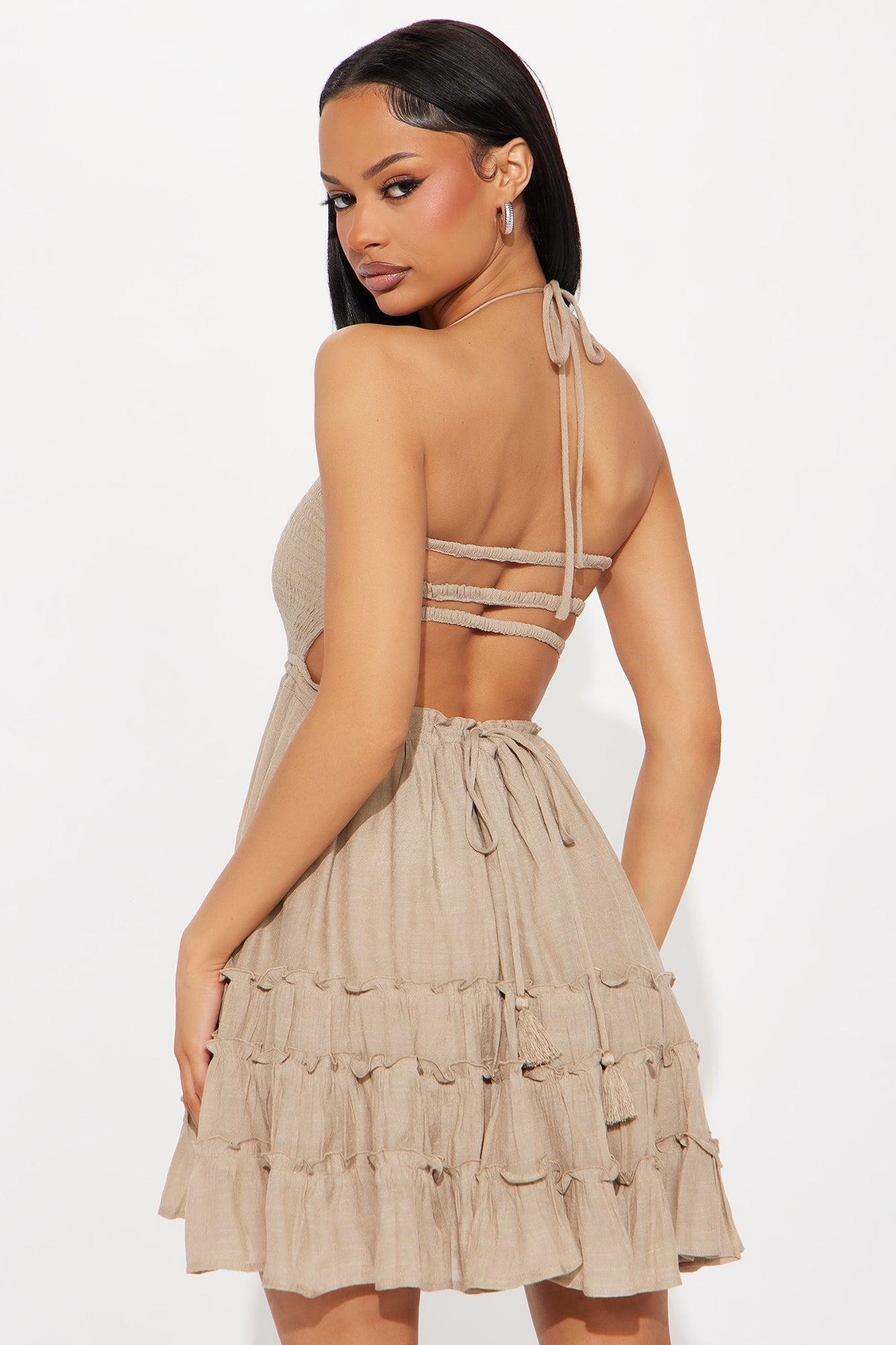Kezia Gauze Halter Mini Dress - Taupe Product Image