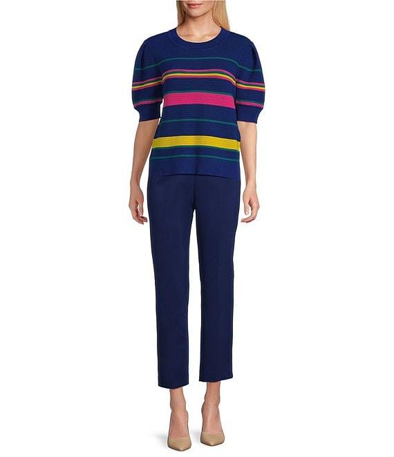 Investments Petite Size Olive Stripe Novelty Short Sleeve Crew Neck Sweater Top Product Image