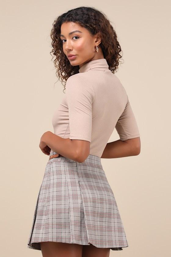 Academic Attitude Beige Multi Plaid Buckle Pleated Mini Skirt Product Image