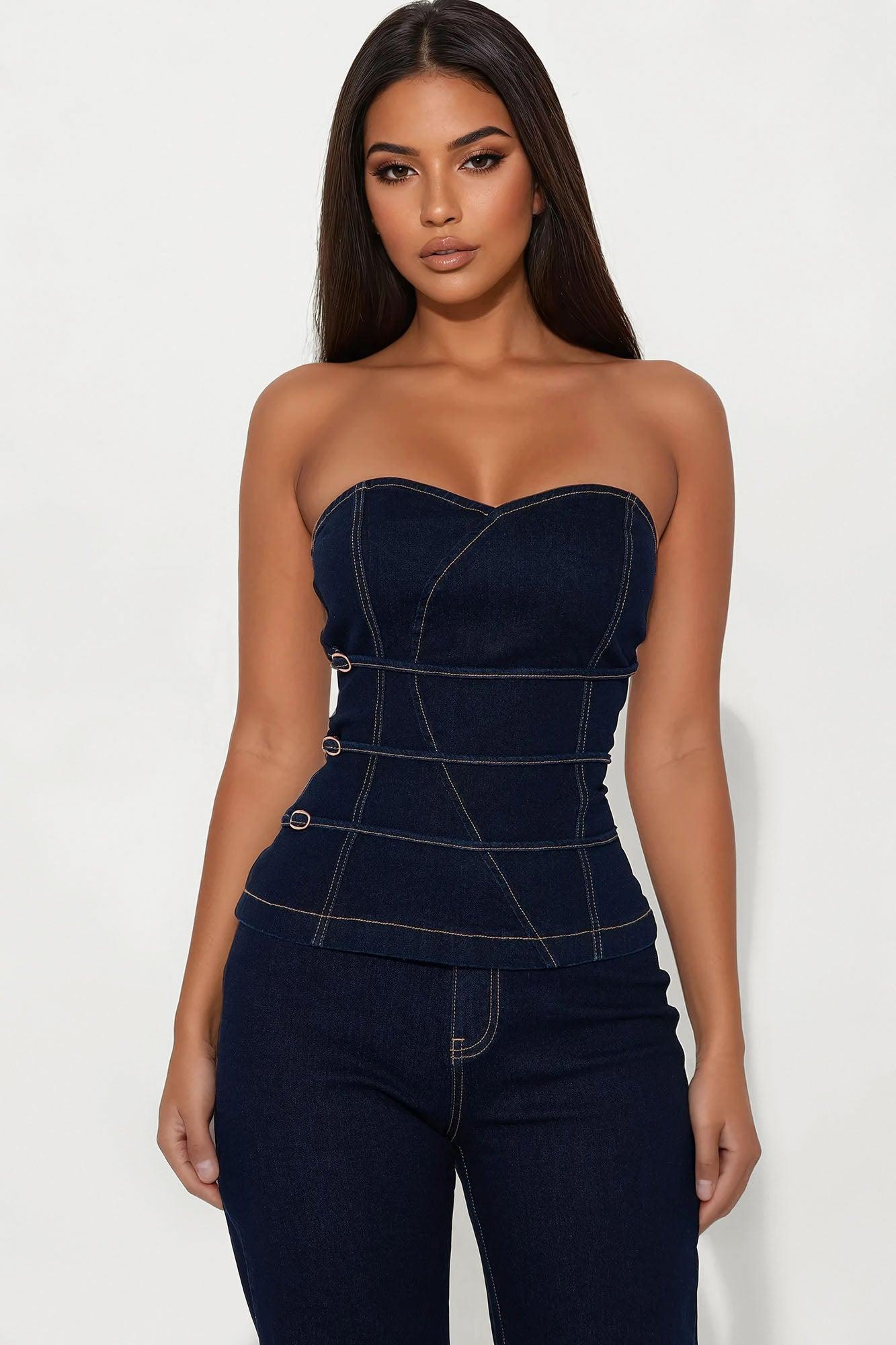 Belt It Down Strapless Denim Pant Set - Dark Wash Product Image